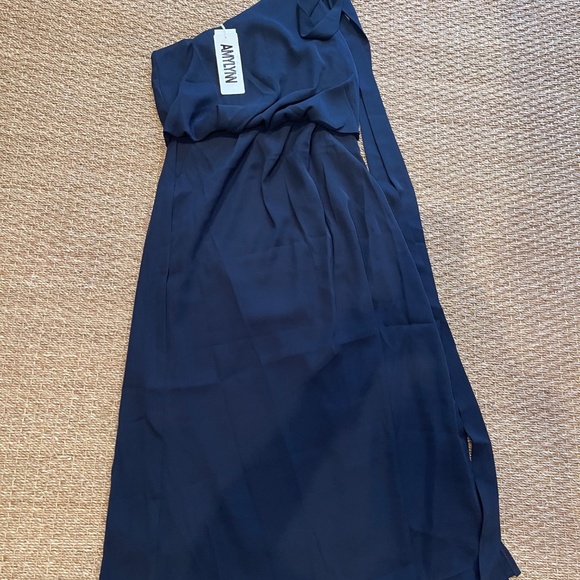 NWT AMYLYNN One Shoulder Satin Dress in Navy Blue, Size Small - Picture 14 of 16